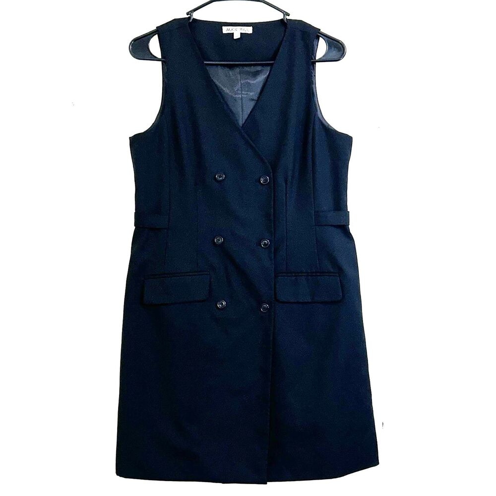 Alex Mill Tuxedo Wool Dress Women Small Black Double-Breast Button Sleeveless.